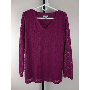 Susan Graver size Large Long Sleeve V-neck Stretch Lace Top Mulberry Pink